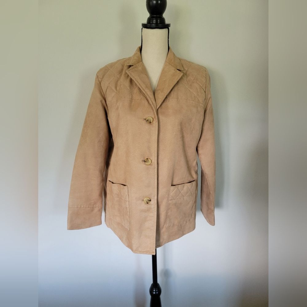 Georgio Spondi polyester suede feel quilted long sleeve button up jacket, size M